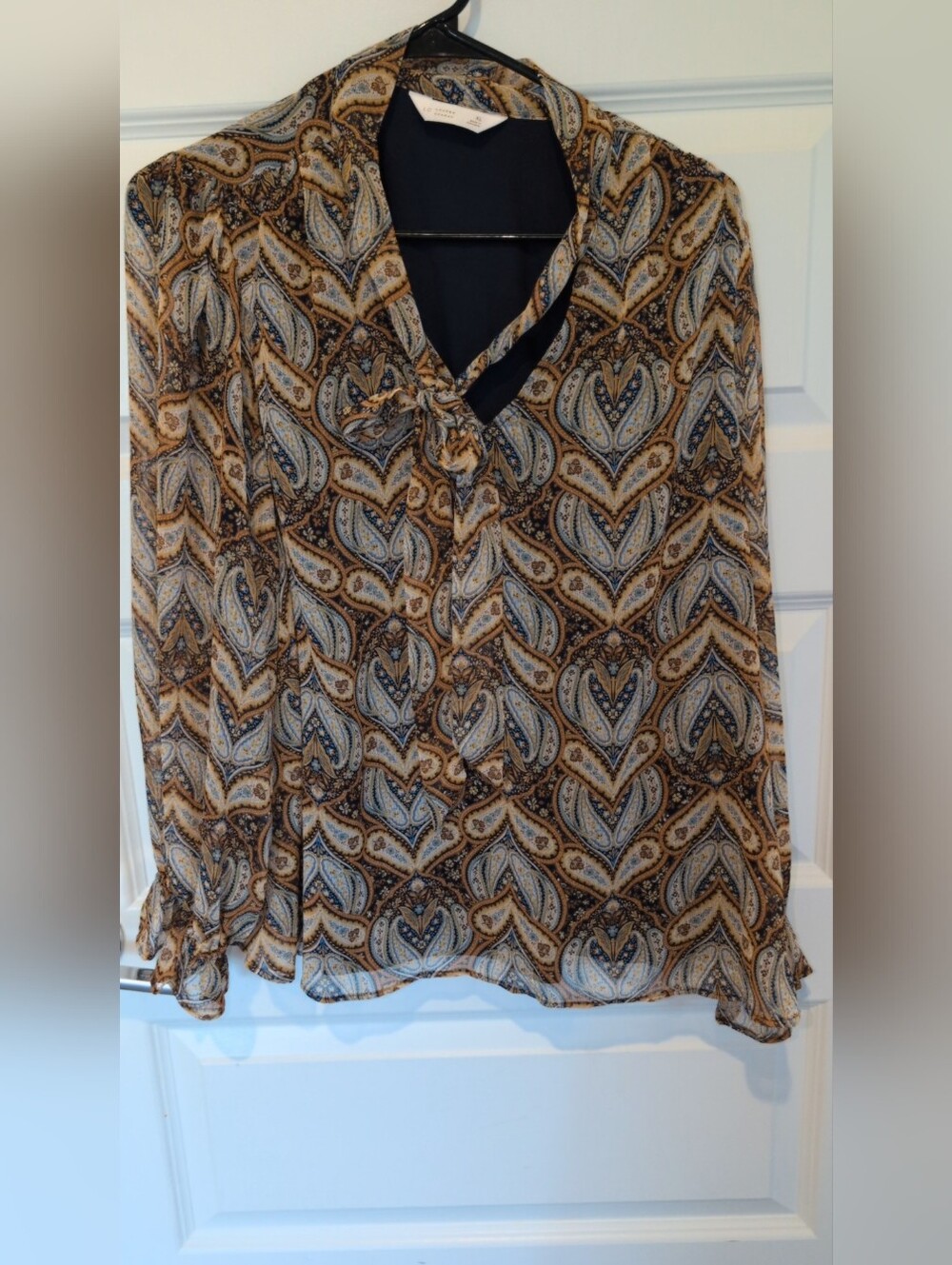 LC Lauren Conrad Paisley Tie-Neck Blouse in Beige and Navy